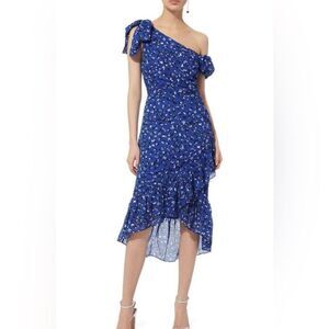 Ulla Johnson Uma Dress Cobalt‎ Blue Floral One Shoulder Bow Midi Size 4